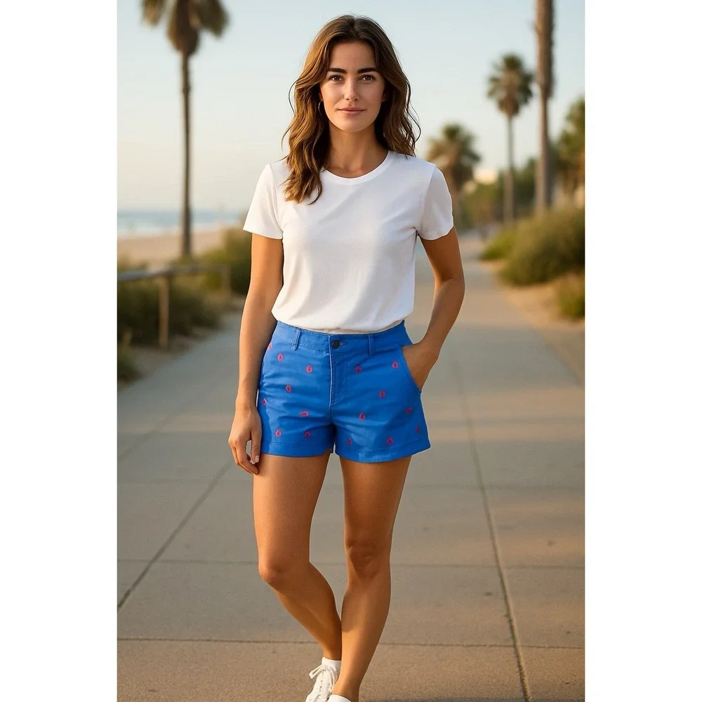 Vineyard Vines Women's Chino Shorts Blue Pink Anchors Embroidered 2